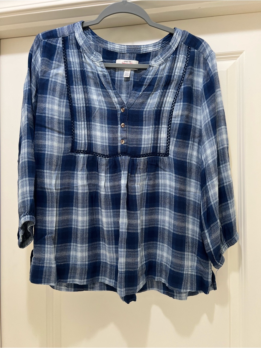 Wrangler Navy and Light Blue Plaid Henley Tunic